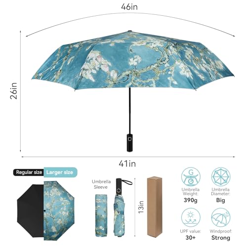 Ucrinei Van Gogh Folding Umbrella, Travel Umbrella with Starry Night Design, Auto Open & Close - Portable Compact Umbrella - Lightweight & Packable for Women & Men (Blooming Apricot Flower)