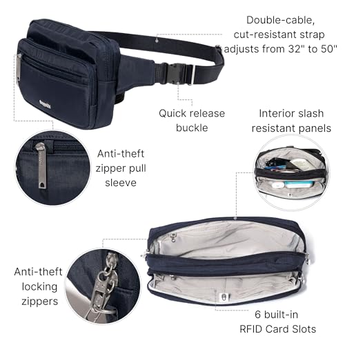 Baggallini Securtex Anti-theft Belt Bag 8.8"x5.5" Crossbody Fanny Pack for Women RFID Wallet Locking Zipper Travel Purse