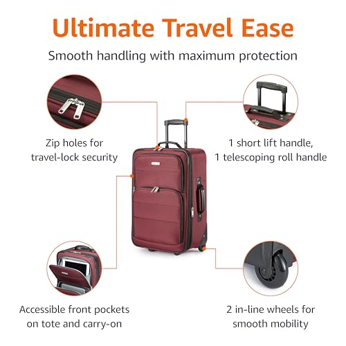 Amazon Basics 2-Piece Softside Luggage Set, 23-Inch Expandable Suitcase with Wheels and 15-Inch Tote, Front Pockets, Telescopic Handle, Burgundy
