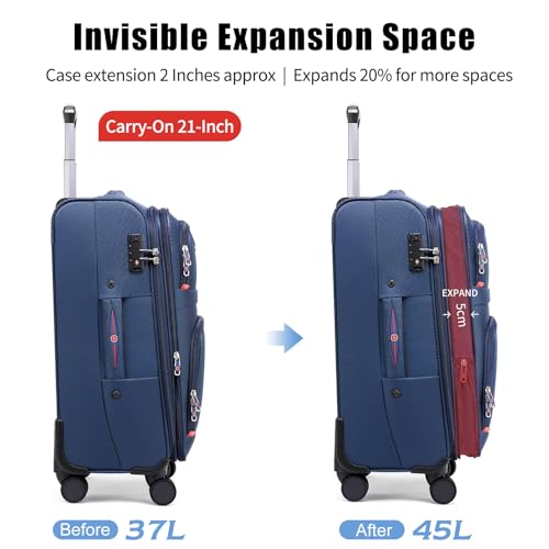 ROPLUS Softside Expandable Luggage with 4 Spinner Wheels, Durable Carry-On Luggage Suitcase (Blue, 21-Inch)