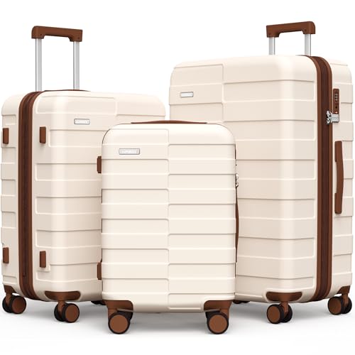 Vipbox Luggage Sets 3 Piece (3-YEARS VIP SERVICE) Hardside Expandable Ultra Durable 100% PC Lightweight Carry On Travel Suitcase Set with TSA Lock Spinner Wheels, White Brown
