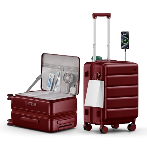 ISLAND ELEPHANT Expandable 20Inch Carry On Luggage Airline Approved - Top Opening Hardside Travel Suitcase Unbreakable -with Cup Holder,USB Charge,Side Pothook, 360°Spinner Wheels, TSA Lock-Wine Red