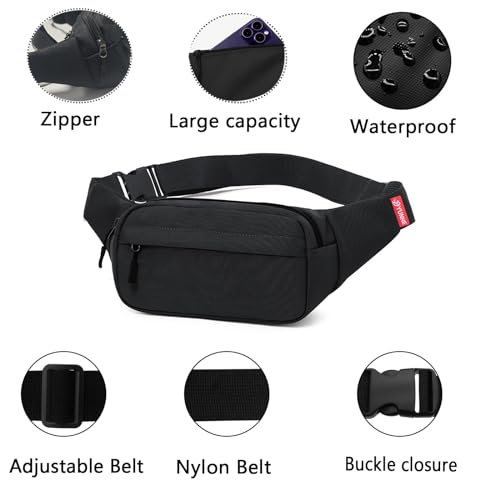 ZMD Small Hip Pack for Men & Women, Crossbody Belt Fanny Pack Sports Hiking Waist Bag Fits All Phones with 3-Zipper Pockets, Hip Bum Bag for Casual Workout Outdoors Running Walking Traveling, Black