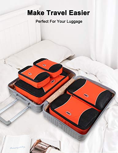 GOX Premium 5-Piece Packing Cubes Set for Travel, Lightweight Durable Luggage Organizer Bags with Double Zipper Mesh Top, 1 Large 2 Medium 2 Small, Nylon, Space-Saving Suitcase Storage (Orange)