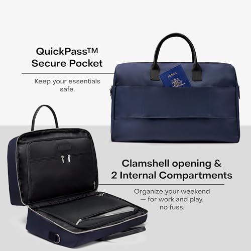 July Carry All Split Weekender - Stylish Carry On Bag for Personal & Work, Zipped Pockets & Pass-Through Band, Weekender Bag, Travel Bag Flight Approved, Clamshell Opening - 28L, French Navy