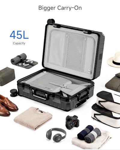 LUGGEX Carry On Luggage with Spinner Wheels, 8010S Aluminum Frame Zipperless Polycarbonate Hard Shell Suitcase (ZX-Core, Black, 21 Inch)