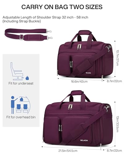 MILADA Underseat Carry On Luggage Bags for Travel Lightweight Foldable Carry On Bags for Airplanes Small Duffle Bag for Men Women TSA Approved Underseat Bag Travel Tote Bags, Purple