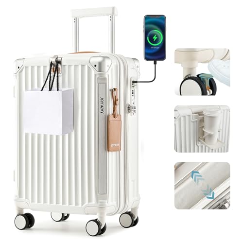 Joyway Carry On Luggage, Expandable Suitcase with Smart Cup Holder and USB Port, 20 IN Hardside Checked with TSA Lock Spinner Double Wheels, White