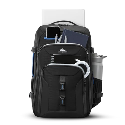 High Sierra Hi-Life Travel Backpack - Features 2-inch Expansion, WetPak Pockets, 17” Laptop Compartment, Stack-It Strap, Adjustable Sternum Strap, Fleece Pocket, Dual Water Bottle Pockets - Blue/Black