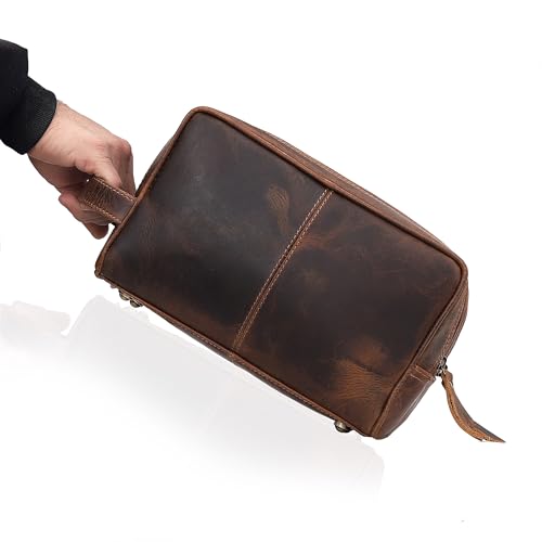 VC VINTAGE COUTURE Genuine Leather Toiletry Bag for Men Extra Large Leather Men's Toiletry Bag for Traveling Real Leather Dopp Kit for Men Shaving Bag for Travel (Men's Toiletry Bag 2, BROWN)