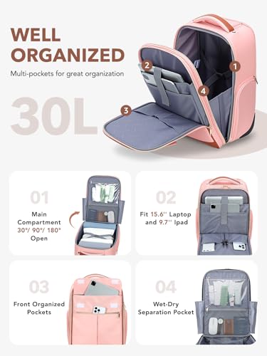 Tonyeee Rolling Backpack for Women, Large Travel Backpack with Wheels Carry on Flight Approved, 15.6 Inch Laptop Wheeled Roller Bag Suitcase for Work Bussiness Weekender (Pink,M Underseat Size)