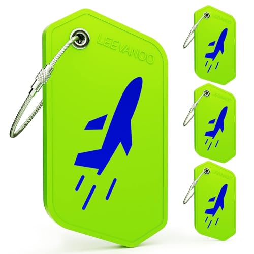 Leevanoo 4 Pack Silicone Luggage Tags, Privacy Protection, Flexible Durable with Stainless Steel Loop, Contact Info ID Card, Easy to Write & Spot for Suitcases, Backpacks, Travel Essentials(Green)