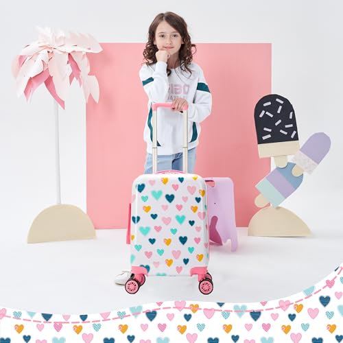 Esteemly Kid's Luggage Set 2 Piece Suitcase Set Hardside Luggage with Spinner Wheels Girls Carry on Toddler Travel Rolling Suitcase with Neck Pillow Airline Approved