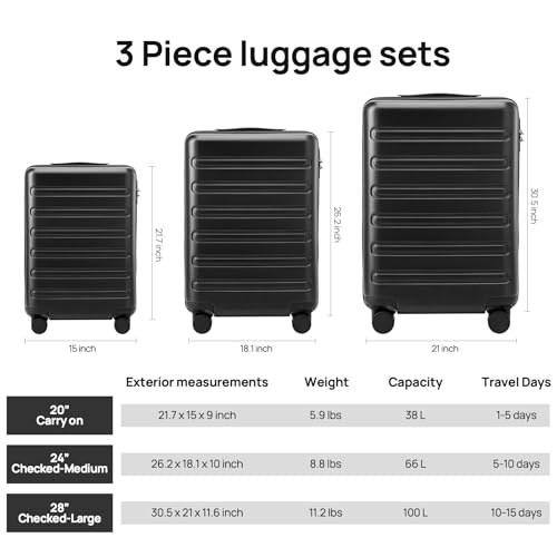NINETYGO Carry On Luggage 22x14x9 Airline Approved, 20 Inch Luggage with Smooth Double Spinner Wheels, Hard Shell PC+ABS Suitcase Carry-On, Lightweight Travel Luggage, TSA Approved (Black, Andes)