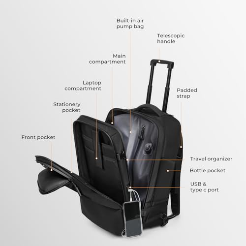 UMydeal Rolling Vacuum Backpack, Travel Compression Suitcase with Hinomoto Wheels, USB C Ports, Anti-Theft Lock, 70L Expandable Waterproof Laptop Bag for Flight, Business & Trips