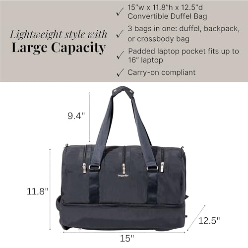 Baggallini MultiZip Convertible Duffel - Lightweight 15x12x12 Inch Travel Backpack Duffel Crossbody Bag for Women