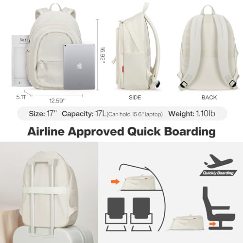 mixi Sweet Design Women Backpack Girls Cute Book Bag with Shockproof 15.6" Laptop Pocket Casual Daily Light Weight, Pearl White