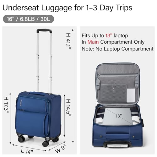 Hanke 16 Inch Underseat Carry On Luggage with Spinner Wheels Airline Approved, Small Rolling Suitcase Softside Underseater Lightweight TSA Travel Roller Suitcase Carry-On Bag(Blue)