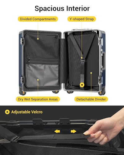 LEVEL8 20/24 Inch Zipperless 2 Piece Luggage Sets with Aluminum Frame, Lightweight Hard Shell Suitcases with Spinner Wheels, Metal Travel Luggages with Double TSA Locks, Blue