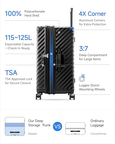 LUGGEX Trunk Luggage,KVT Expandable PC Hard Shell Large Checked 30 Inch Suitcase with Shock - Absorbing Wheels & TSA Lock(EX-Pro,Black,30 inch,115L - 125L)