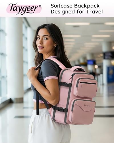Taygeer 18 x 14 x 8 Inches Personal Item Bag, Travel Personal Item Bag with Water Bottle Pocket & Shoe Pouch, TSA Approved Under Seat Carry on Backpack Fits 15.6 inch Laptop for Women Airplanes, Pink