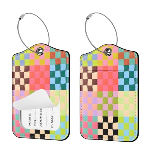 Seorsok 2Pcs Luggage Travel Tags for Suitcases,Cute Color Grids Checkered PU Leather Name Tag with Privacy Cover&ID Label Address Card and Durable Metal Ring Suitable for Men Women Handbags Backpack