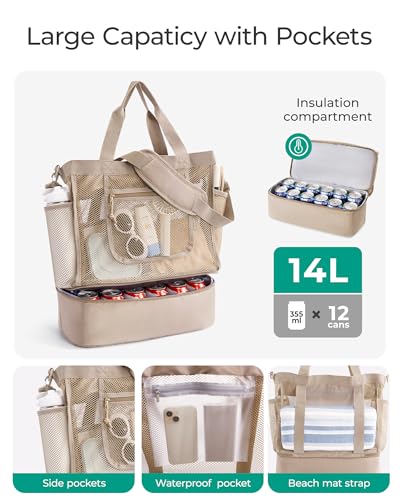 BAGSMART Beach Bag for Women, Mesh Tote Bags with Zipper, Sandproof Vacation Essentials with Cooler for Swim Cruise Pool, Green