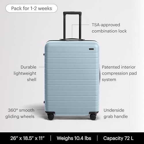 Away Amazon Exclusive Medium Checked Luggage - 26-Inch Lightweight Hardside Suitcase with Custom WhisperGlide 360° Wheels, Interior Compression System, TSA-Accepted Lock - Sky Blue