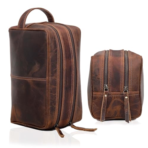 VC VINTAGE COUTURE Genuine Leather Toiletry Bag for Men Extra Large Leather Men's Toiletry Bag for Traveling Real Leather Dopp Kit for Men Shaving Bag for Travel (Men's Toiletry Bag 2, BROWN)