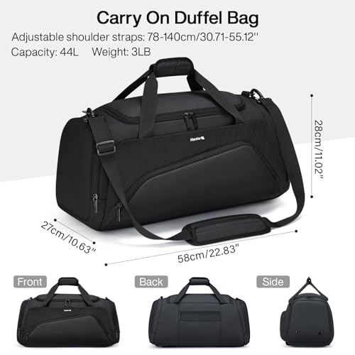 Hanke Carry On Luggage Airline Approved Duffle Bag for Travel, Multifunctional 3 In 1 Travel Duffel Bags for Traveling, 44L Weekender Overnight Gym Hiking Tote Bags for Men & Women.（Black）