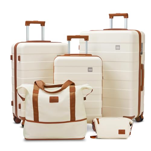 imiomo Hard Shell Luggage Sets 5 Piece for Women, Lightweight Hardside Rolling Suitcase Set with Spinner Wheels and TSA Lock, Beige