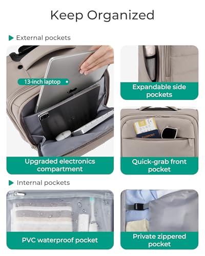 BAGSMART Underseat Carry on Luggage with Wheels, Soft Small Travel Luggage with PVC Wet/Dry Pockets, Lightweight Soft Personal Item Suitcase for Short Trip,Camer