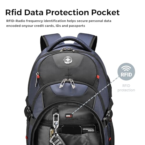 Swissdigital Design Laptop Backpack with USB Charging Port, Travel Backpack Fits 15.6 inches Computer, 31L College School Backpack for Men, Blue/Black | SD803-12