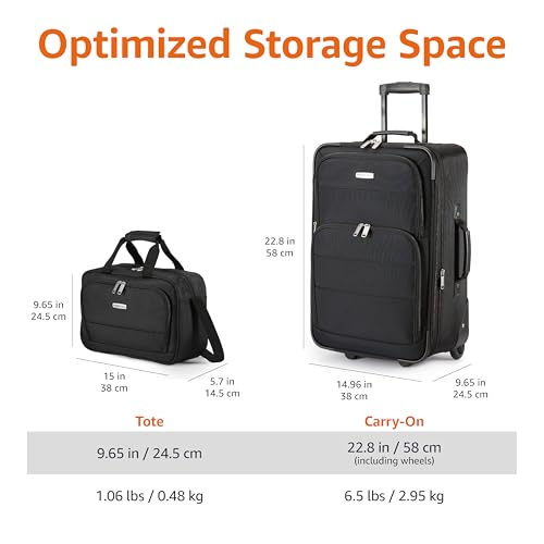 Amazon Basics Softside Luggage Set, 23-Inch Expandable Suitcase with Wheels and 15-Inch Tote, Extra Space (+15%), Front Pockets, Telescopic Handle, Black