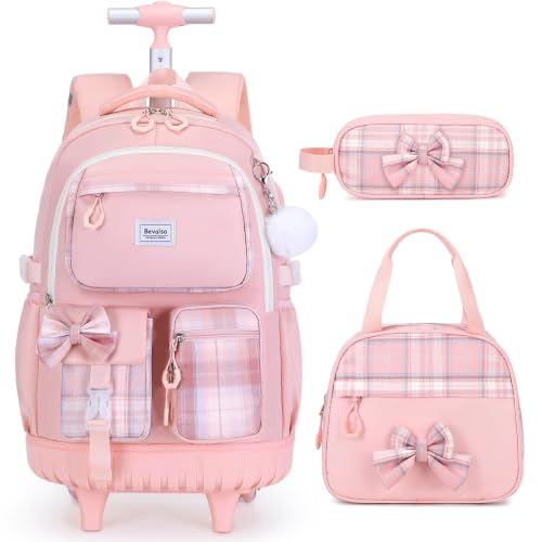 Bevalsa Rolling Backpack for Girls, Roller Backpack with Wheels, Cute Bow Plaid Wheeled School Bookbag Set with Lunch Bag & Pen Case, Suitcases for Kids Teens Elementary Middle Student (Pink)