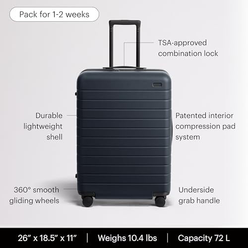Away Medium Checked Luggage - 26-Inch Lightweight Hardside Suitcase with Custom WhisperGlide 360° Wheels, Interior Compression System, TSA-Accepted Lock - Navy Blue