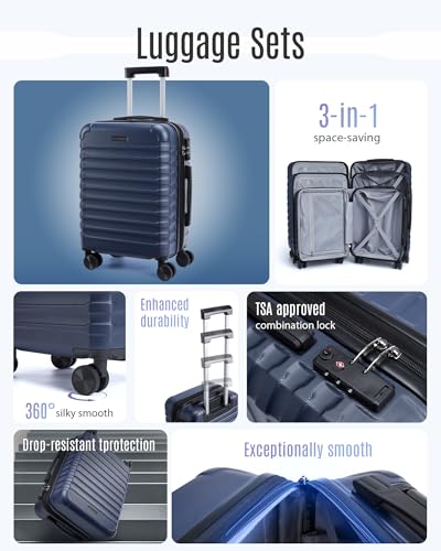 LIGHT FLIGHT Luggage Sets, 3 Piece Durable Suitcase Set with Spinner Wheels, 3 Pcs Hardside Lightweight luggage with TSA Lock, Large Checked Travel Suitcases, 20/24/28 Inch, Dark Blue