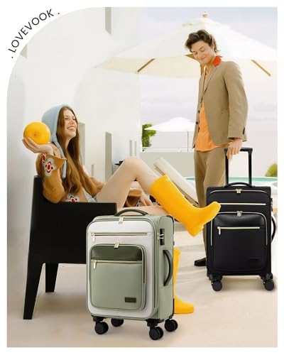 LOVEVOOK Carry on 22x14x9 Airline Approved,20 inch Lightweight Waterproof Suitcases with 360° silent swivel wheels, TSA Lock and Compartment, Large Capacity travel Suitcase Green-white