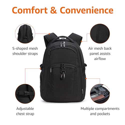 Amazon Basics Travel Laptop Backpack with Multiple Pockets and Compartments for 17 in / 43.1 cm Laptop, Water Resistant, Spacious with Padded Shoulder Straps, Black