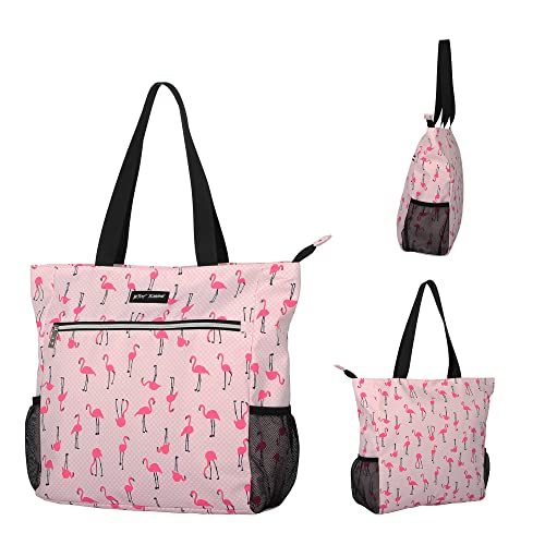 Betsey Johnson 15.6 Inch Zipper Beach Tote Bag Lightweight Large Durable Polyester with Mesh Side Pockets for Gym Work, Flamingo Strut