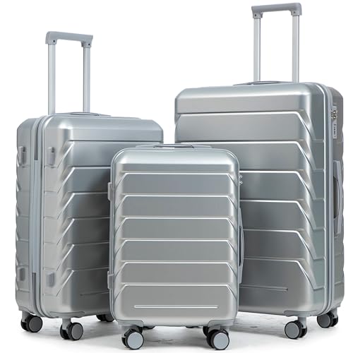 Hardside Luggage Sets, Lightweight Stripes Suitcase with Spinner Wheels, Sliver-220