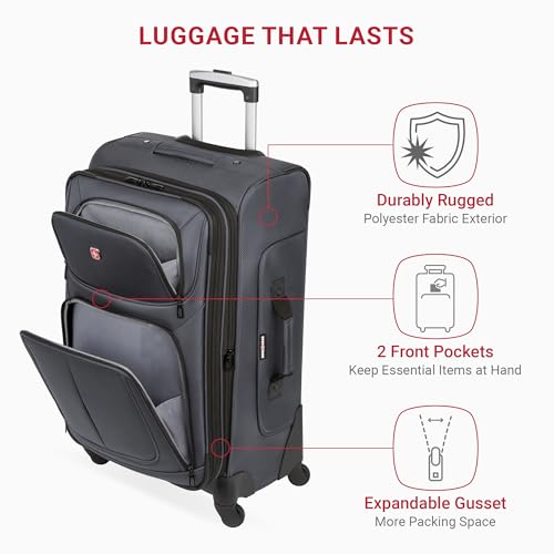 SWISSGEAR Sion Softside Expandable Spinner Luggage Durable Lightweight Travel Suitcase, Dark Grey, Checked-Medium