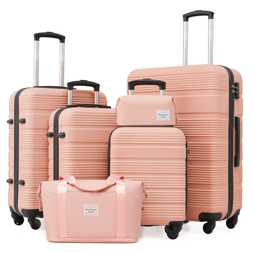 LONG VACATION 6 Piece ABS+PC Hardshell Luggage Set with Spinner Wheels, Lightweight suitcase set with TSA Lock & YKK Zipper, Pink