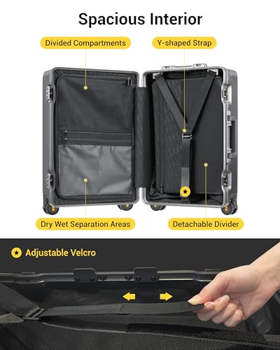 LEVEL8 20/24 Inch Zipperless 2 Piece Luggage Sets with Aluminum Frame, Lightweight Hard Shell Suitcases with Spinner Wheels, Metal Travel Luggages with Double TSA Locks, Grey