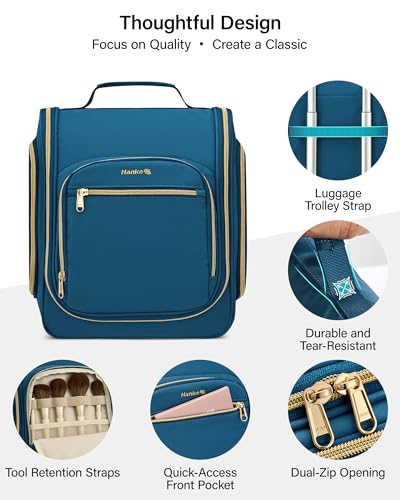 Hanke Hanging Travel Toiletry Bag for Men and Women, Water-Resistant Toiletries Bag Makeup Organizer with Hook, Cosmetic Bag for Bathroom & Travel Essentials Accessories, Navy Blue