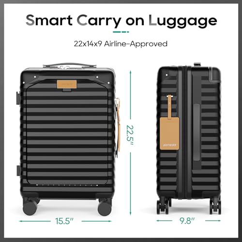Joyway 20 Inch Carry on Luggage with Front Pocket, PC Hardshell Carry-on Suitcase with USB Port and Cup Holder, 21.5x14.2x9 Airline Approved, Luggage with Spinner Wheels and TSA Lock (Black)