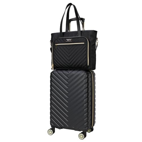 Kenneth Cole REACTION Madison Square Lightweight Hardside Chevron Expandable Spinner Luggage, Black, 2-Piece (20" Carry On + Tote)