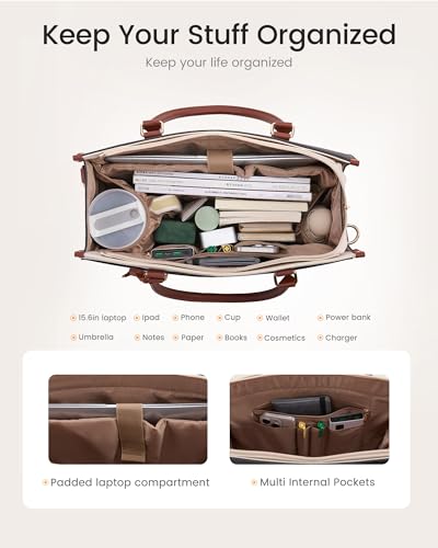 LOVEVOOK Laptop Bag for Women, 2-in-1 Tote Purse with Clutch & Cup Holder, Waterproof Briefcase for Work Travel, Large Capacity Structured Work Bag 15.6 Inch, Black-Beige-Brown