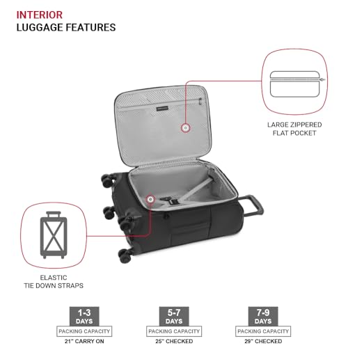 SwissGear Opulence Softside Expandable Luggage Black – 3-Piece Suitcase Set with Spinner Wheels (21/25/29) – Ideal for 2-3 Week Trips
