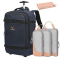 Hynes Eagle 42L Rolling Backpack Wheeled Backpack Flight Approved Travel Backpack Carry on Luggage Dark Blue with Compression Packing Cubes Set 4PCS Light Pink